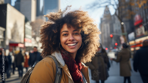 Young afro american woman tourist taking selfie photo. Portrait of american young woman with curly hair in New york. Happy young woman walking in New York city. © Vladimir Sazonov
