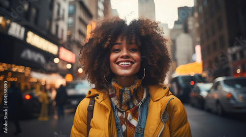 Young afro american woman tourist taking selfie photo. Portrait of american young woman with curly hair in New york. Happy young woman walking in New York city.