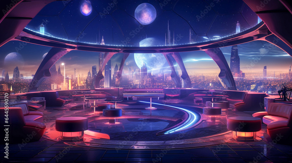 Futuristic Cityscape Nightclub. Futuristic Bar and Expansive Dancing ...