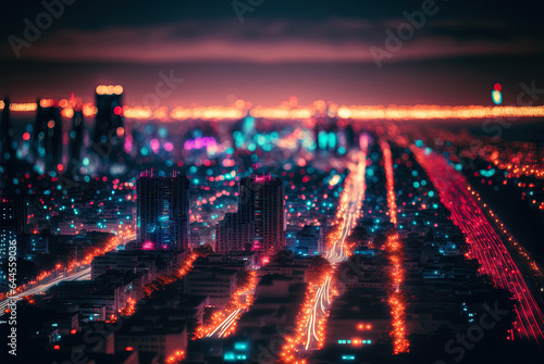 Abstract neon city aerial view. Technology concept of night cityscape with blue lights in synthwave style. photo