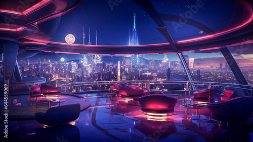 Futuristic Nightclub With Nightlife Atmosphere. Sci-fi  Metropolitan Night club. Night Club Background Concept. Generative AI © Immersive Dimension