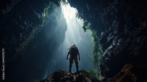 Silhouette adventurers man climbing in the great cave.