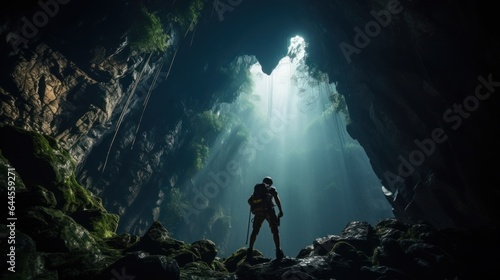 Silhouette adventurers man climbing in the great cave.