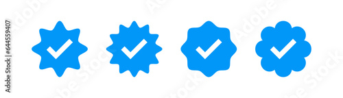 Check mark icon. Tick signs. Verification account symbol. Badge, sticker, certificate, confirm symbols. Quality product stamp icons. Blue color. Vector sign.