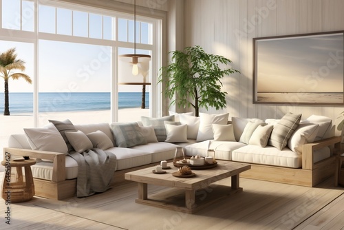 Coastal Living Room Decor. Generative Ai © SIBGHA