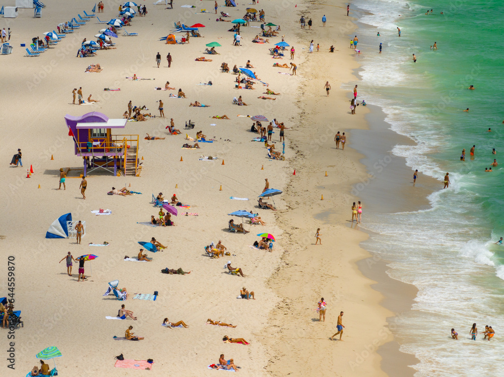 Closeup telephoto aerial photo Miami Beach tourists Labor Day holiday Closeup telephoto aerial photo Miami Beach tourists Labor Day holiday