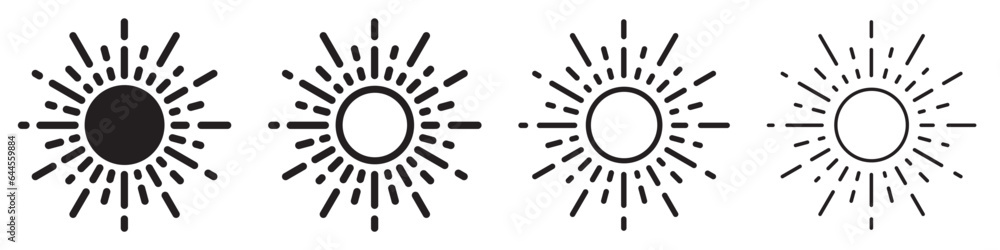 Set of sun icons. Sunshine, solar symbol. Sunset, summer, sunrise, sun shine, screen brightness. Decorative circle with rays. Vector. Set of sun icons. Sunshine, solar symbol. Sunset, summer, sunrise, sun shine, screen brightness. Decorative circle with rays. Vector.