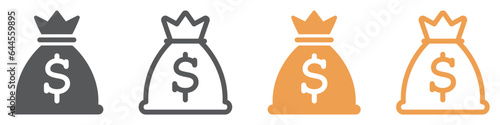 Money bag icon set. Dollar money with sack. Symbols money bag or stash, coin sack sign, business, banking, vector.