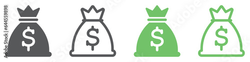 Money bag icon set. Dollar money with sack. Symbols money bag or stash, coin sack sign, business, banking, vector.