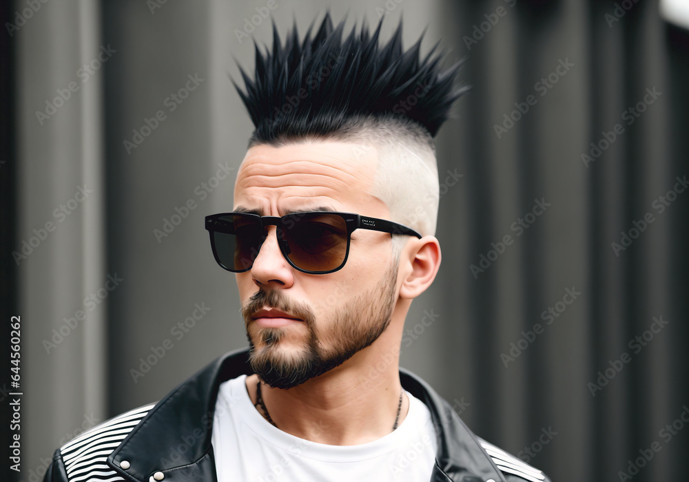 Obraz premium Young punk man wearing black glasses. Portrait of bold male with bright image, daring style.