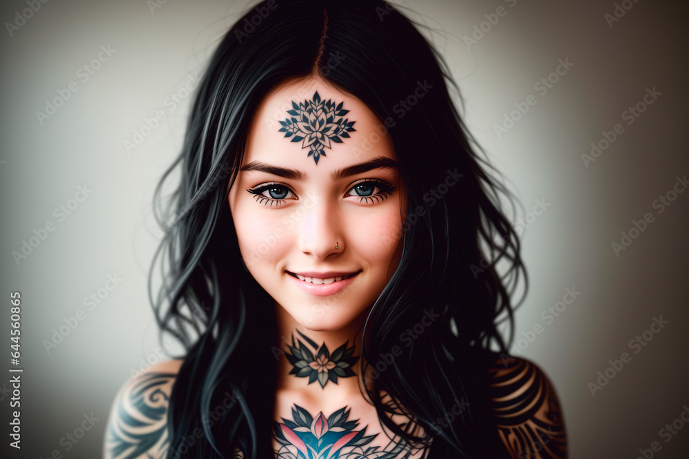 Portrait of a beautiful young woman with tattoo on her body and face. Portrait of a beautiful young woman with tattoo on her body and face.