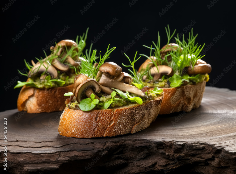 Mushroom and rocket crostini with herbs, sautéed mushrooms and mixed greens on bread. Mushroom and rocket crostini with herbs, sautéed mushrooms and mixed greens on bread.