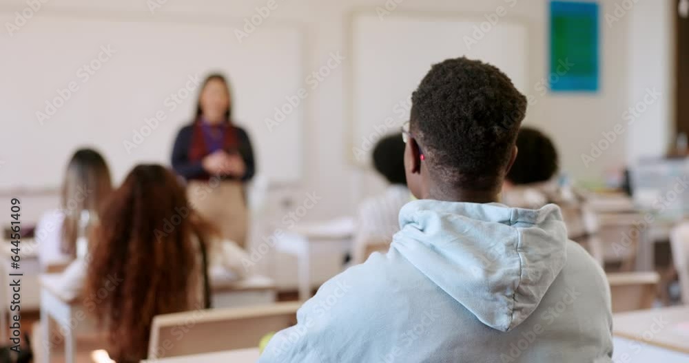 Teacher, students and questions in classroom for university for education, learning and school work. Advice, teaching and woman in college lecture, young men and women with motivation, info and exam Teacher, students and questions in classroom for university for education, learning and school work. Advice, teaching and woman in college lecture, young men and women with motivation, info and exam