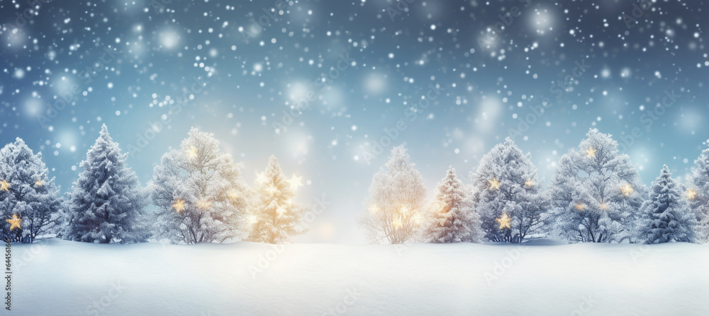 winter blurred background. Xmas tree with snow decorated with garland lights, holiday festive background. Widescreen backdrop winter blurred background. Xmas tree with snow decorated with garland lights, holiday festive background. Widescreen backdrop