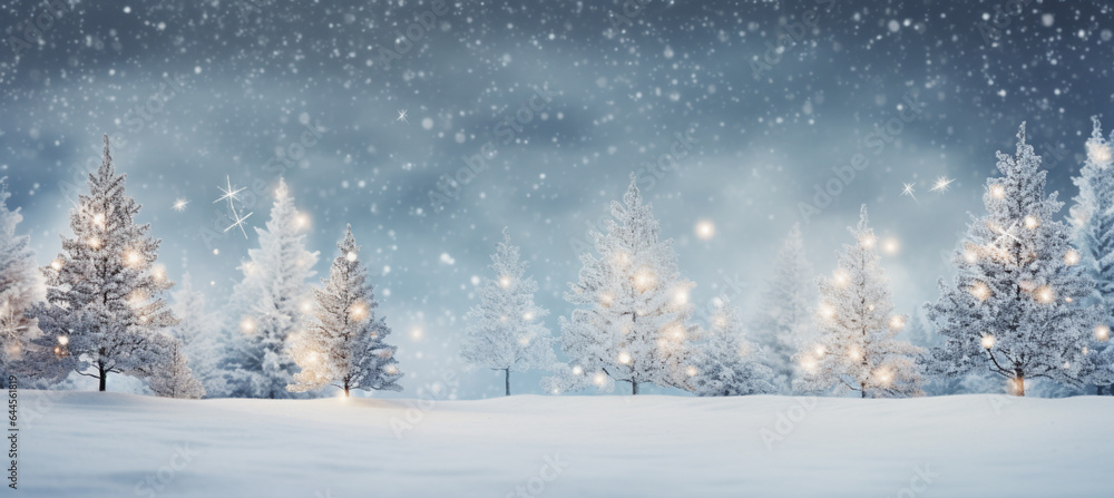 Fototapeta premium winter blurred background. Xmas tree with snow decorated with garland lights, holiday festive background. Widescreen backdrop