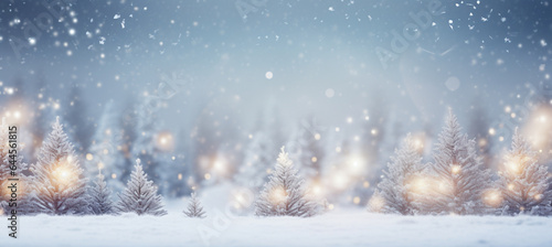 winter blurred background. Xmas tree with snow decorated with garland lights, holiday festive background. Widescreen backdrop