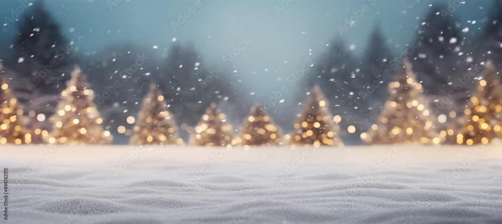 Naklejka premium winter blurred background. Xmas tree with snow decorated with garland lights, holiday festive background. Widescreen backdrop
