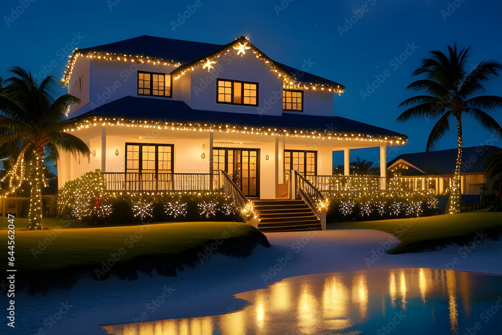 a coastal beach house dressed up for a tropical christmas palm trees