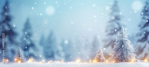 winter blurred background. Xmas tree with snow decorated with garland lights, holiday festive background. Widescreen backdrop