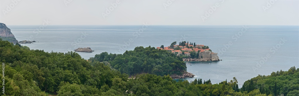 Milocer Park near Przno location and Sveti Stefan islet, Montenegro.