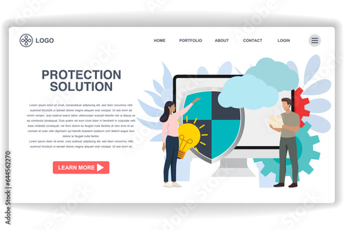 A woman was pointing at the shield. website page Protection Solution. Modern flat design concept of web page design for website and mobile website