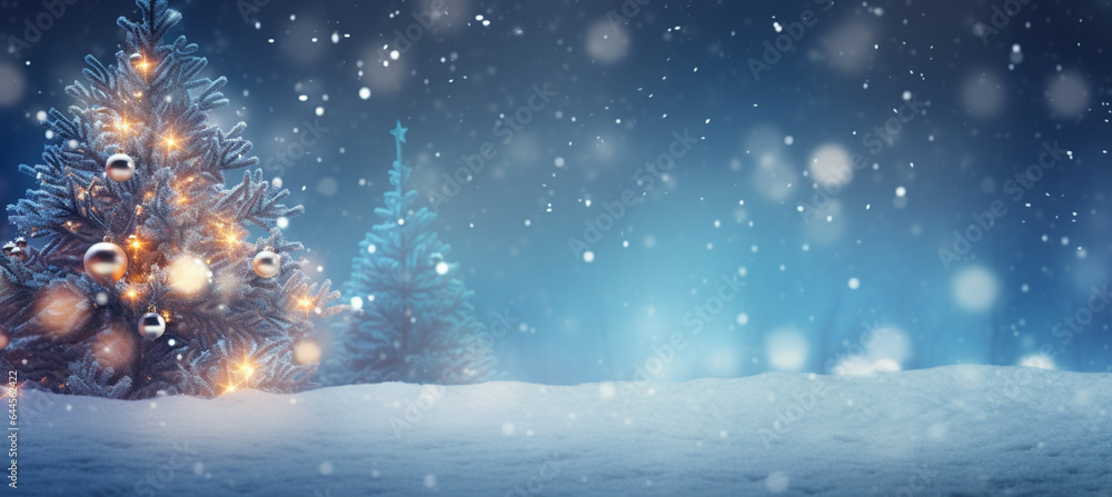 Obraz premium winter blurred background. Xmas tree with snow decorated with garland lights, holiday festive background. Widescreen backdrop