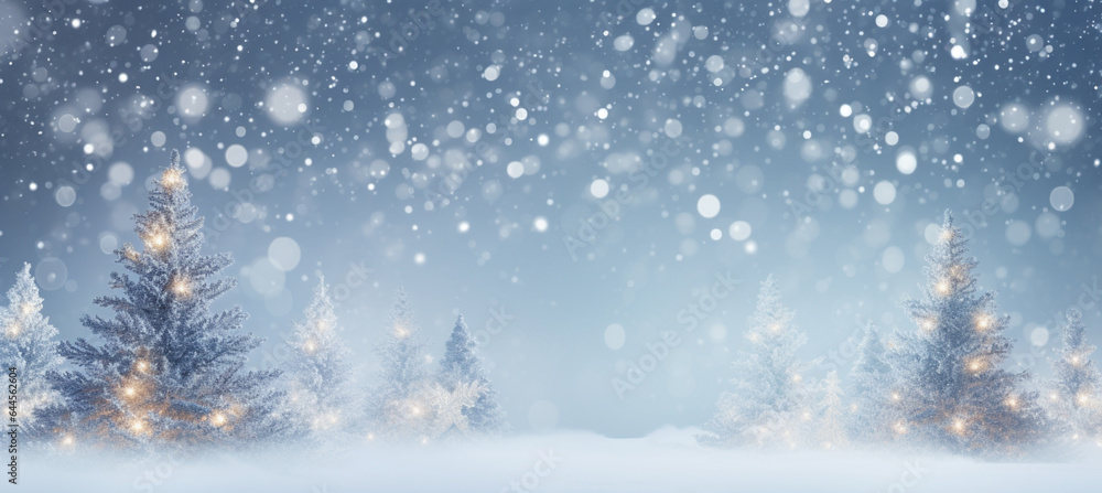 winter blurred background. Xmas tree with snow decorated with garland lights, holiday festive background. Widescreen backdrop winter blurred background. Xmas tree with snow decorated with garland lights, holiday festive background. Widescreen backdrop