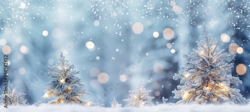 winter blurred background. Xmas tree with snow decorated with garland lights  holiday festive background. Widescreen backdrop
