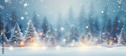 winter blurred background. Xmas tree with snow decorated with garland lights, holiday festive background. Widescreen backdrop © MUS_GRAPHIC