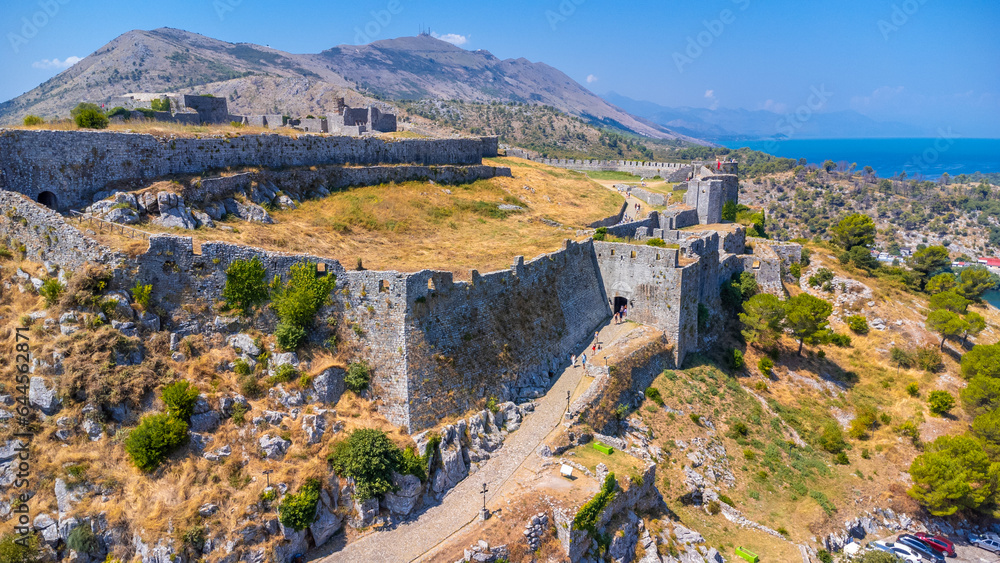 Aerial drone view of the walls of Rozafa Castle in the city Shkoder. Albania