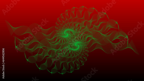 Neon light green swirl line on red background. Optical illusion. Innovation technology. Art trippy geometric digital fractal screen. Luxury Backdrop. Template. NFT card. Virtual reality. Research.