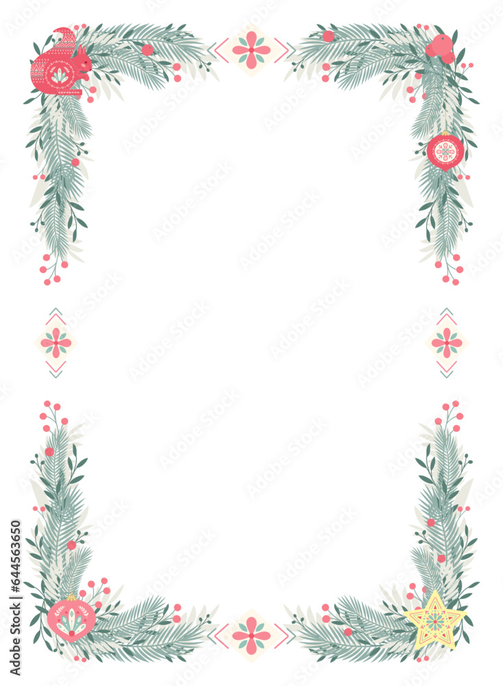 Rectangular frame of fir branches with red berries and Christmas tree decorations for congratulation cards. Decorations for postcards. Design for invitations and cards. Flat style. Vector illustration