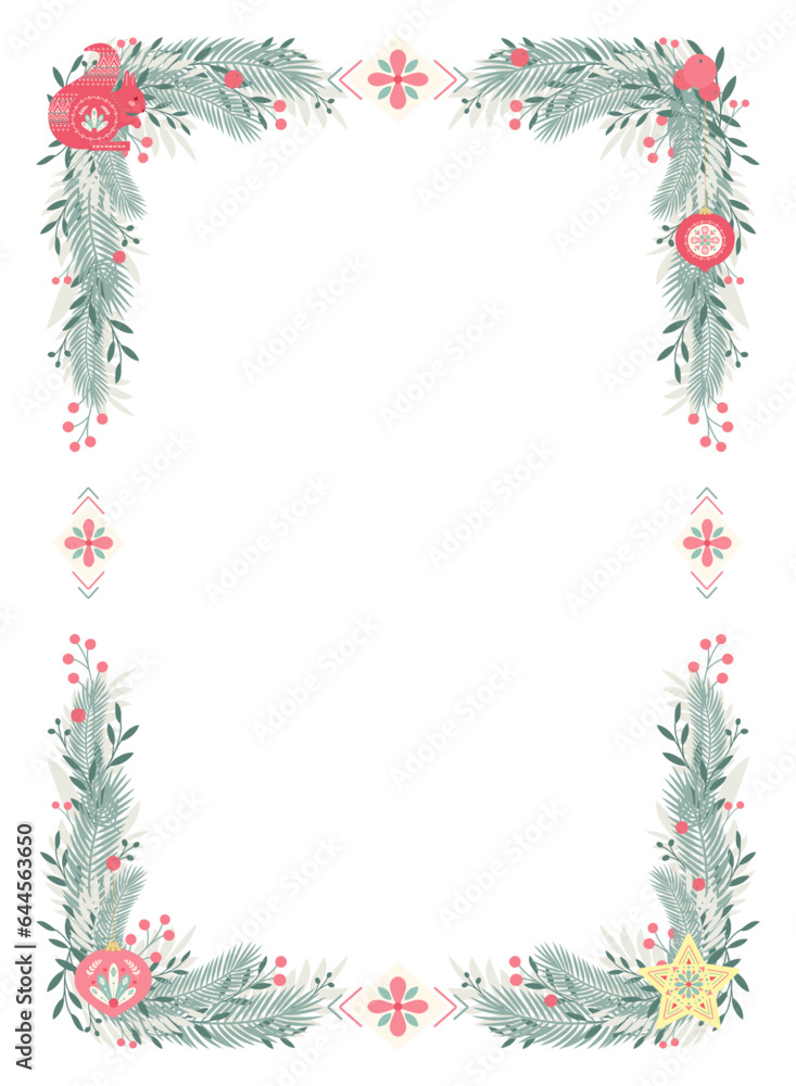 Rectangular frame of fir branches with red berries and Christmas tree decorations for congratulation cards. Decorations for postcards. Design for invitations and cards. Flat style. Vector illustration Rectangular frame of fir branches with red berries and Christmas tree decorations for congratulation cards. Decorations for postcards. Design for invitations and cards. Flat style. Vector illustration