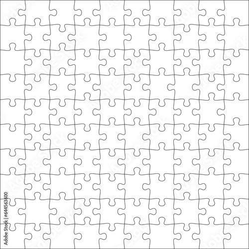 Puzzles grid template 10x10. Jigsaw puzzle pieces, thinking game and jigsaws detail frame design. Business assemble metaphor or puzzles game challenge vector.
