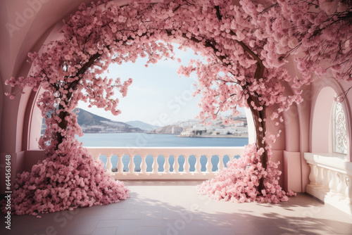 Beautiful Pink flowers arch on blue sea background, wedding set up
