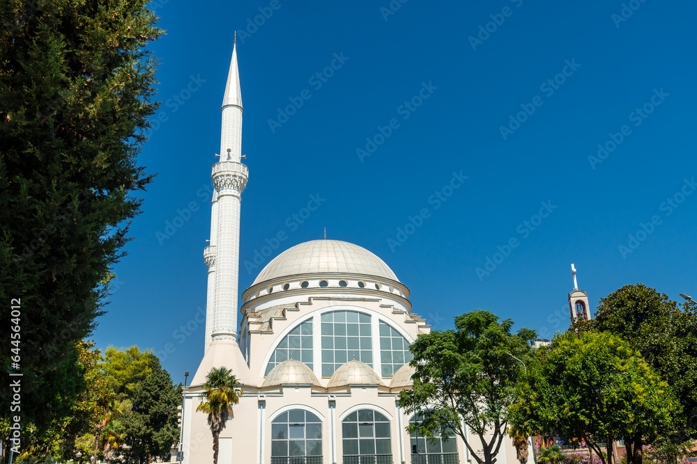 The beautiful white The Ebu Bekr Mosque in the city of Shkoder. Albania
