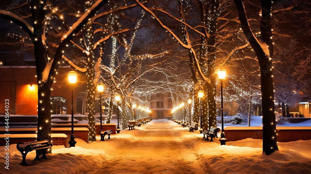 a snowy city street at night with street lights