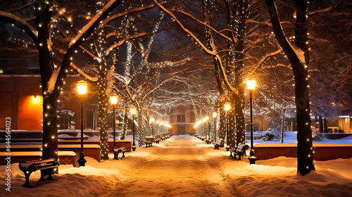 a snowy city street at night with street lights