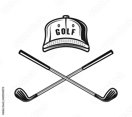 Golf cap and two crossed golf clubs vector monochrome style illustration on graphic objects isolated on white background