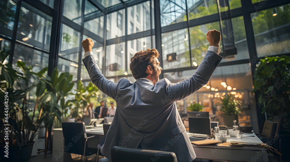Successful businessman raising his arms in sign of happiness and success in an office with an echoing atmosphere. Concept of success in business and life. Company celebration. Generative ai - obrazy, fototapety, plakaty 