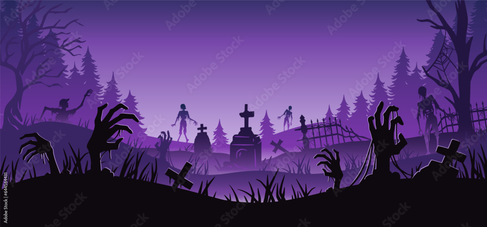 Halloween background with zombie hand and skeleton hand, cemetery for holiday poster. Creepy and mystical background with cross, grave, tombstone and dead man for dark fear october design