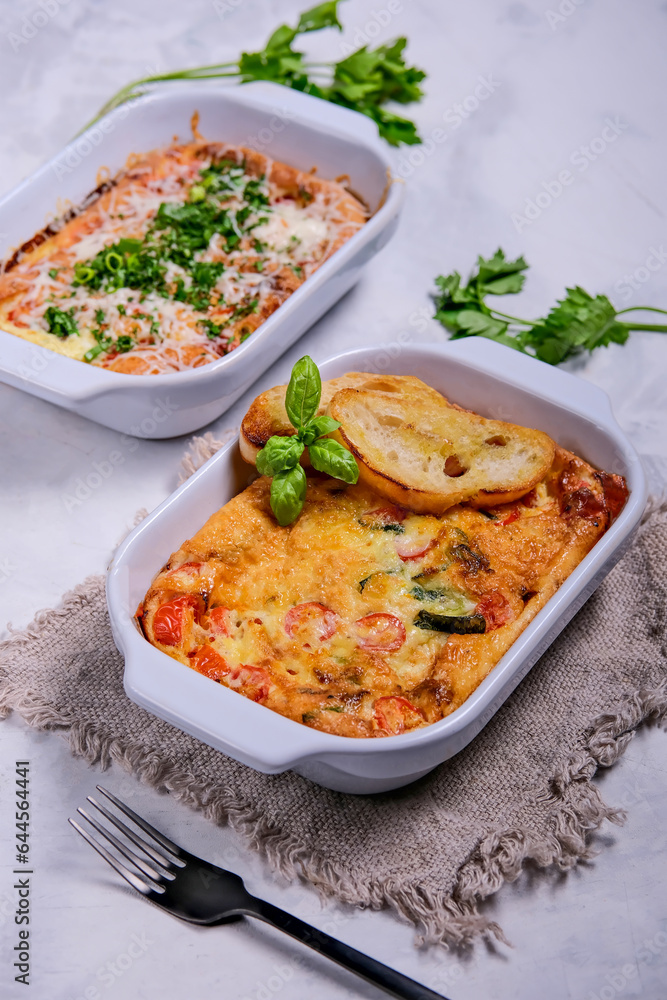 Oven baked frittata with mediterranen vegetables such as zucchini, tomatoes, bell peppers and red onions. Served in a rustic cast. Oven baked frittata with mediterranen vegetables such as zucchini, tomatoes, bell peppers and red onions. Served in a rustic cast.