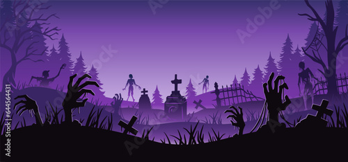 Print op canvas Halloween background with zombie hand and skeleton hand, cemetery for holiday poster