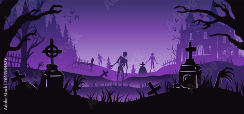 Halloween background with zombie and skeleton hand, cemetery and castle for holiday poster. Creepy and mystical background with cross, grave, tombstone and dead man for dark fear october design