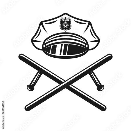 Policeman hat and two crossed batons vector monochrome style illustration on graphic objects isolated on white background