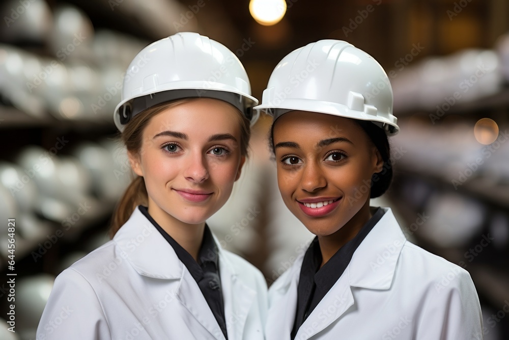 two young girls in hard hats standing in an industrial factory, two young girls in hard hats standing in an industrial factory,