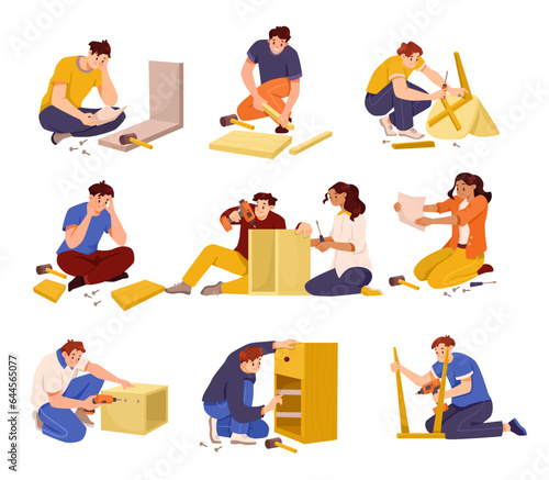 Furniture Assembly with Man and Woman Assembling and Fixing Wooden Chair and Cupboard Vector Set