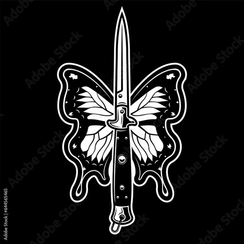 Butterfly dagger vector tattoo style illustration on dark background