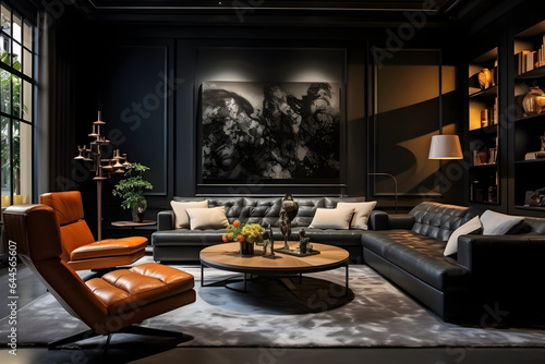 Sophisticated Elegance A Spacious Living Room Featuring Modern Interior Design with Luxurious Leather Sofas and Chairs, Set Against the Backdrop of a Dark Classic Wall © Asiri
