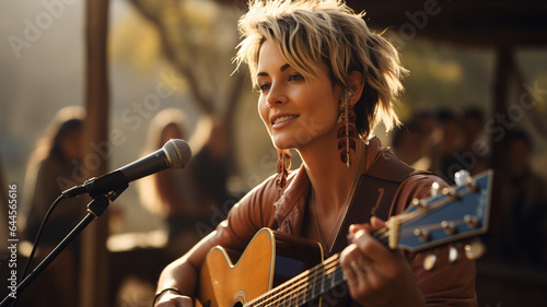 young woman with guitar in concert